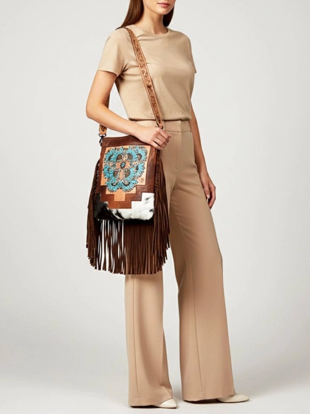 American Darling Hand-Tooled Leather Fringe Messenger Bag Cowhide Western Purse - Picture 2 of 7